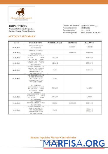 Printable Central African Republic Banque Populaire Maroco Centrafricaine bank statement sample